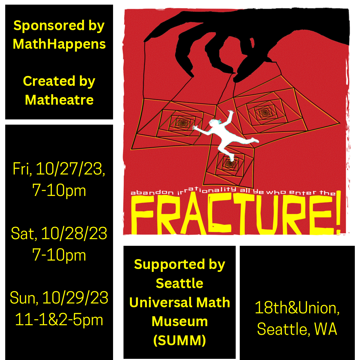 A composite graphic with a bright red image reading "FRACTURE!" and featuring a human form, a creepy hand silhouette, and a spiderweb made of squares.